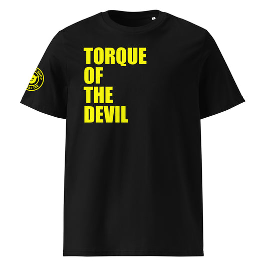 Front view of black unisex t-shirt with bold yellow “TORQUE OF THE DEVIL” slogan. DTF print, perfect for car meets, torque fans, and mischievous petrolheads.