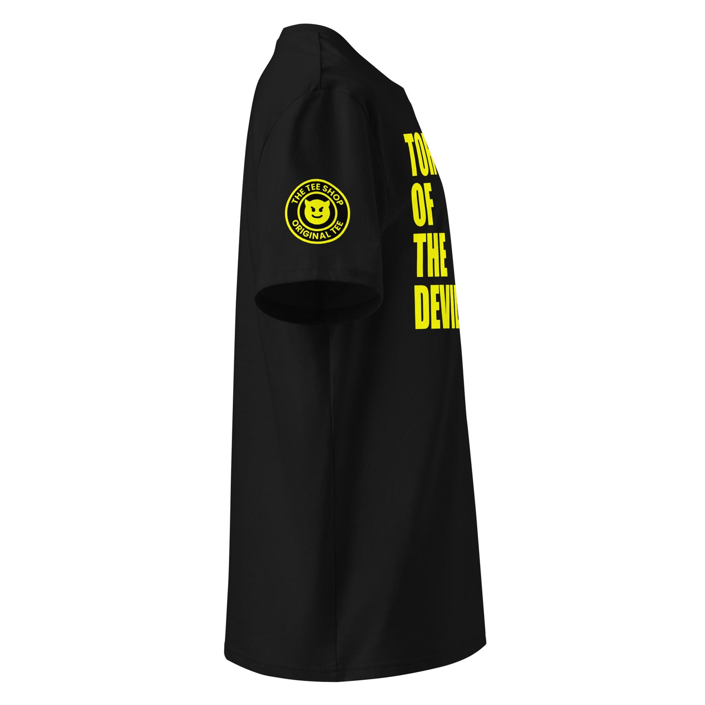 Right side view of black t-shirt showing The Tee Shop’s devil head logo and yellow slogan. DTF print, car culture and banter tribute.
