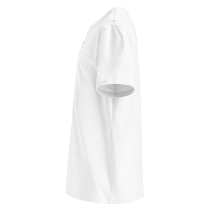 Left side view of white unisex t-shirt, plain sleeve, visible side of the colourful “TORQUE OF THE DEVIL” chest print. Minimalist, car meet style.