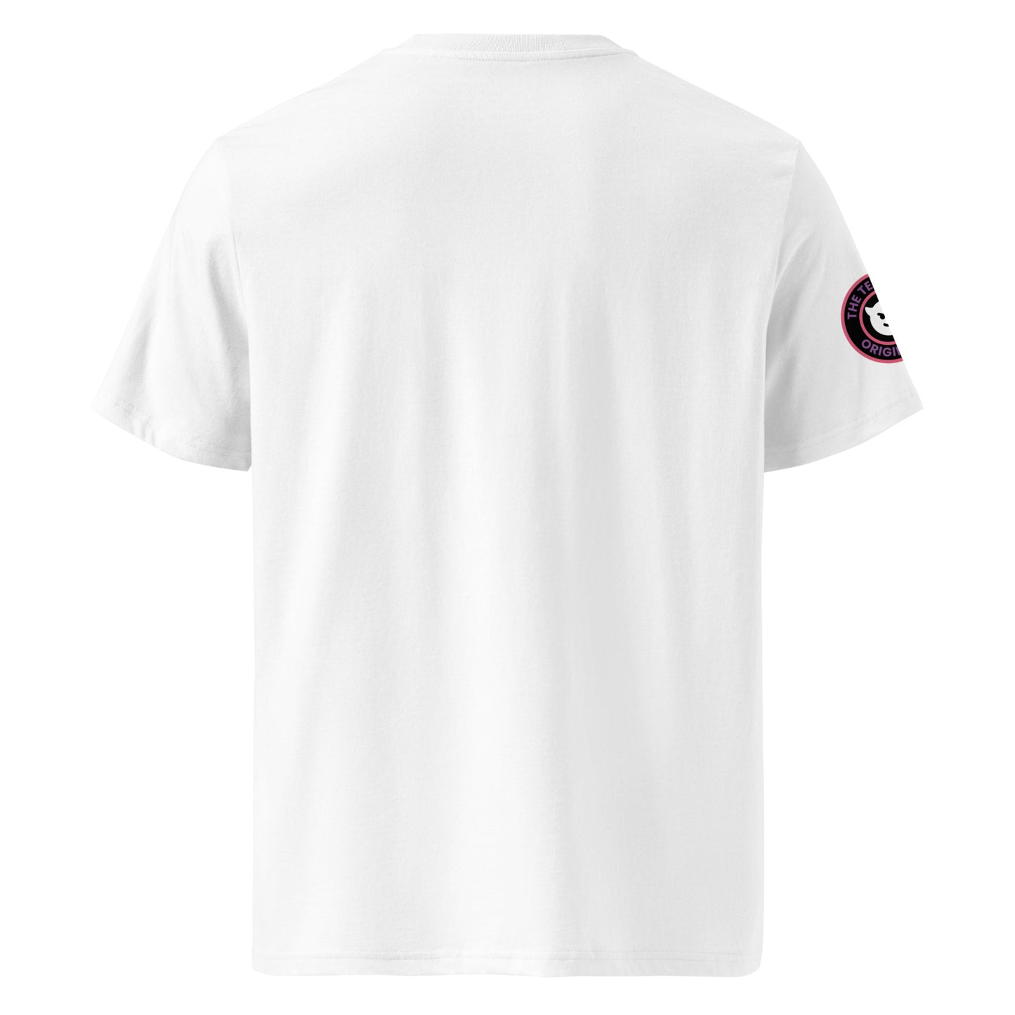 Back view of white unisex t-shirt with plain design. No rear print, highlighting the multi-colour slogan and devil head logo on the sleeve. DTF print, perfect for torque fans.