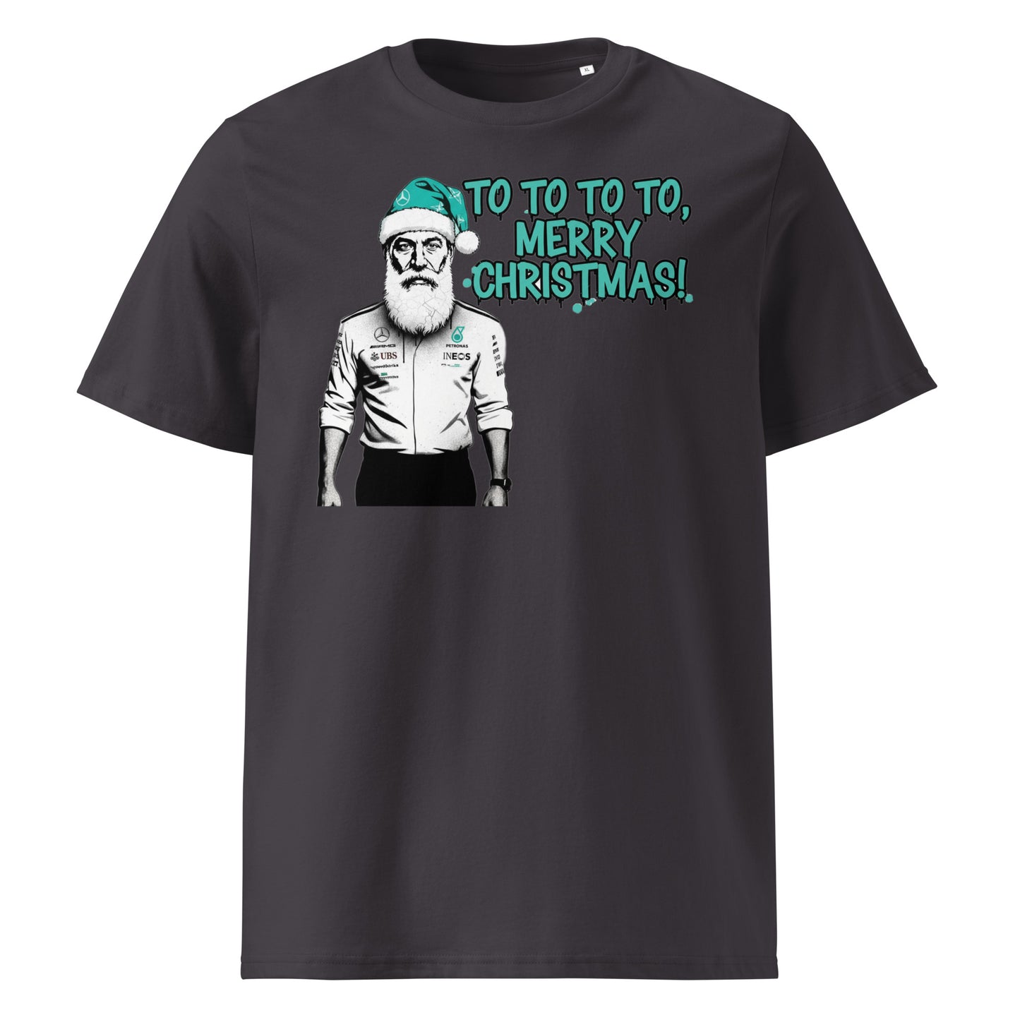 Anthracite unisex t-shirt with Toto Wolff as Santa in a teal hat and the text “TO TO TO TO, Merry Christmas!”, perfect for Mercedes-AMG F1 fans at Christmas.