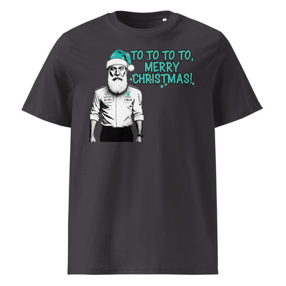 Anthracite unisex t-shirt with Toto Wolff as Santa in a teal hat and the text “TO TO TO TO, Merry Christmas!”, perfect for Mercedes-AMG F1 fans at Christmas.