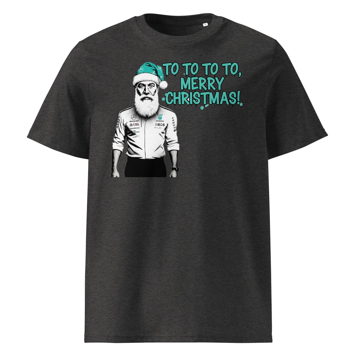 Dark Heather Grey unisex t-shirt with Toto Wolff as Santa in a teal hat and the text “TO TO TO TO, Merry Christmas!”, perfect for Mercedes-AMG F1 fans at Christmas.