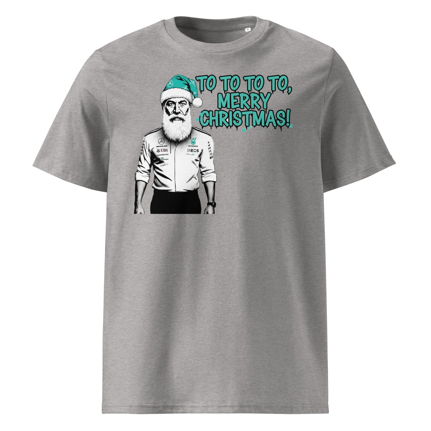 Heather Grey unisex t-shirt with Toto Wolff as Santa in a teal hat and the text “TO TO TO TO, Merry Christmas!”, perfect for Mercedes-AMG F1 fans at Christmas.