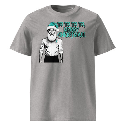 Heather Grey unisex t-shirt with Toto Wolff as Santa in a teal hat and the text “TO TO TO TO, Merry Christmas!”, perfect for Mercedes-AMG F1 fans at Christmas.