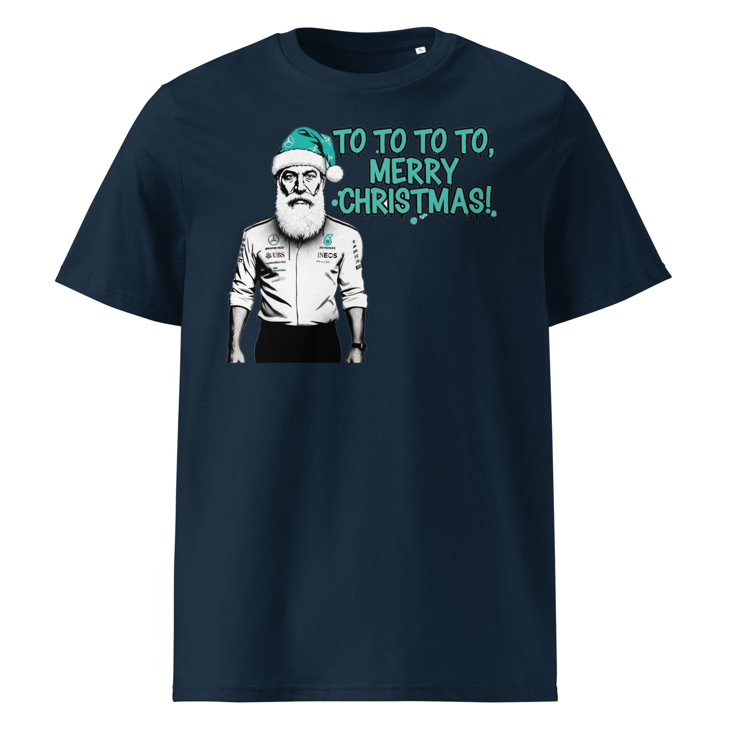 Navy unisex t-shirt with Toto Wolff as Santa in a teal hat and the text “TO TO TO TO, Merry Christmas!”, perfect for Mercedes-AMG F1 fans at Christmas.