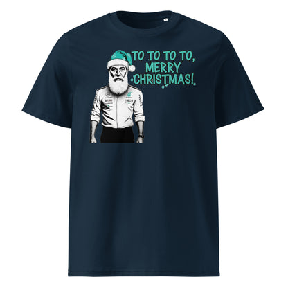 Navy unisex t-shirt with Toto Wolff as Santa in a teal hat and the text “TO TO TO TO, Merry Christmas!”, perfect for Mercedes-AMG F1 fans at Christmas.
