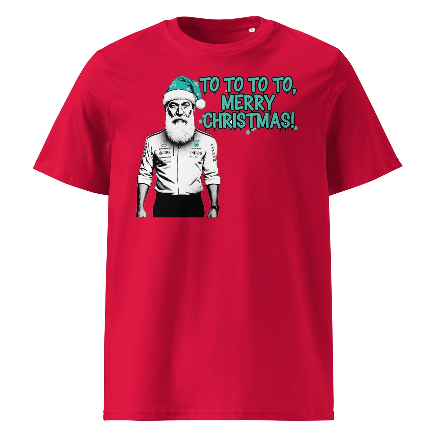 Red unisex t-shirt with Toto Wolff as Santa in a teal hat and the text “TO TO TO TO, Merry Christmas!”, perfect for Mercedes-AMG F1 fans at Christmas.