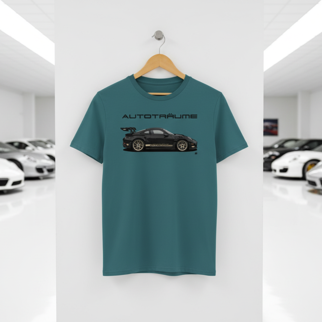 Teal AUTOTRÄUME GT3 T‑shirt with a black Porsche‑style car and gold highlights illustration hanging on a premium wooden hanger and silver wall peg against a central white wall in a bright sports car gallery, with a glossy white floor and blurred white and silver sports cars running down both sides.