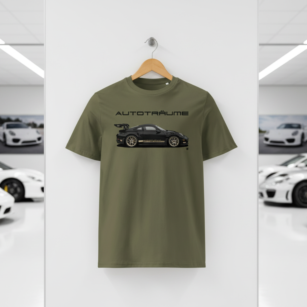 Khaki AUTOTRÄUME GT3 T‑shirt with a black Porsche‑style car and gold highlights illustration hanging on a premium wooden hanger and silver wall peg against a central white wall in a bright sports car gallery, with a glossy white floor and blurred white and silver sports cars running down both sides.