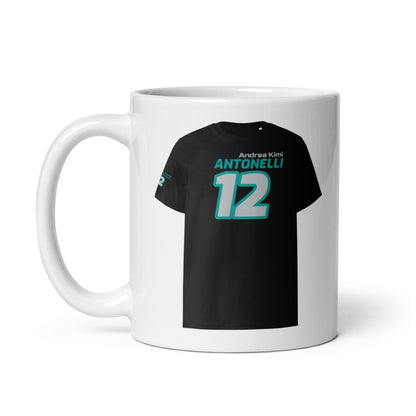 A white ceramic TeeMug© featuring a teal and white design with "Andrea Kimi ANTONELLI" in bold letters and the number "12". The mug is held by a handle on the left side.