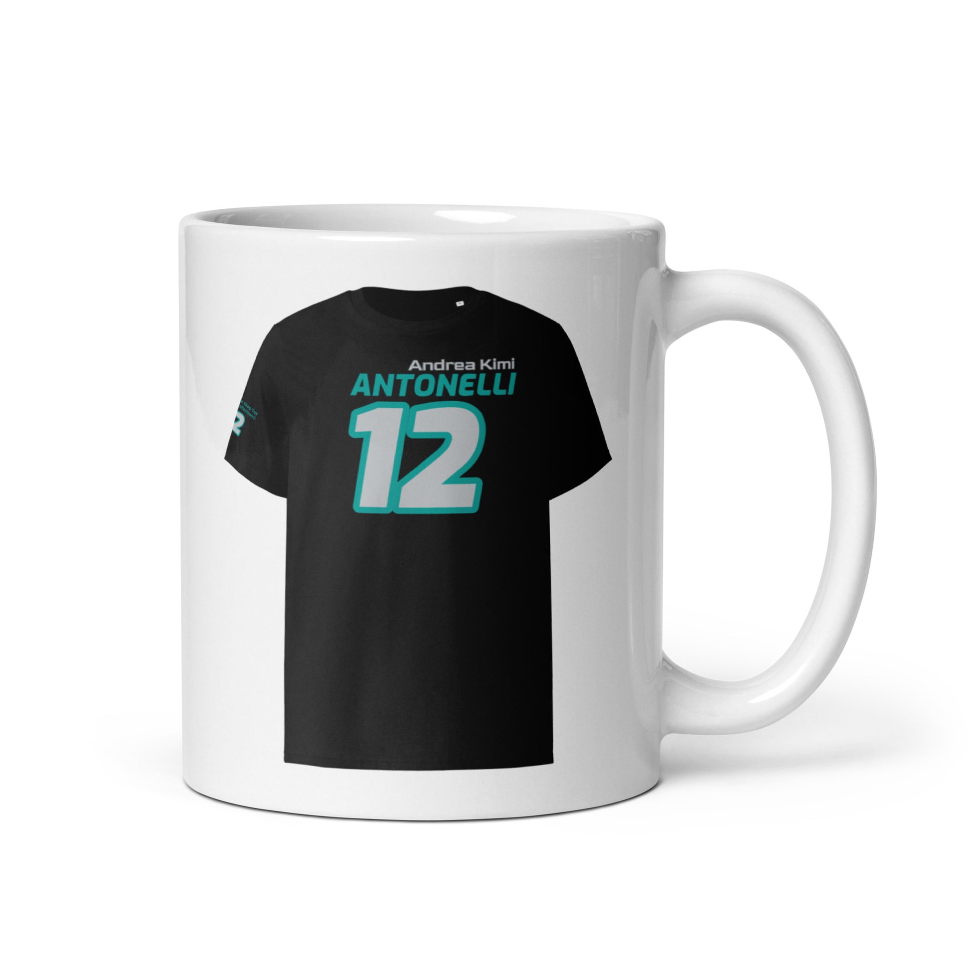 A white ceramic TeeMug© featuring a teal and white design with "Andrea Kimi ANTONELLI" in bold letters and the number "12". The mug is held by a handle on the right side.
