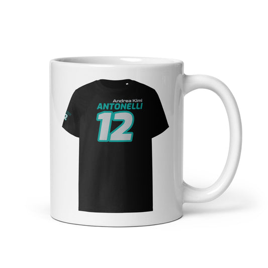 A white ceramic TeeMug© featuring a teal and white design with "Andrea Kimi ANTONELLI" in bold letters and the number "12". The mug is held by a handle on the right side.