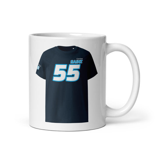 A white ceramic TeeMug© featuring a blue and white design with "Carlos Sainz" in bold letters and the number "55". The mug is shown with the handle on the right side.