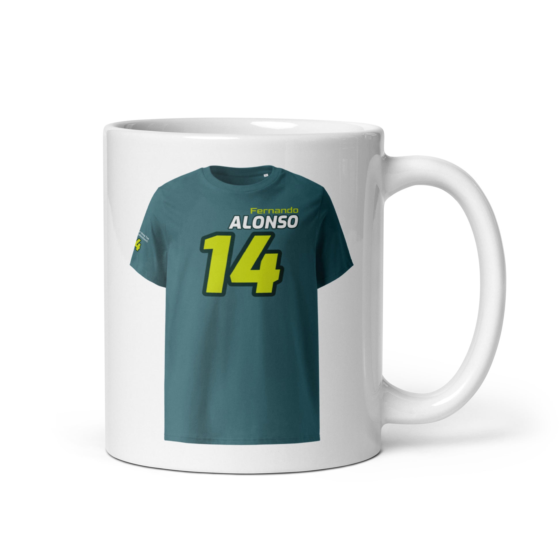 A white ceramic TeeMug© featuring a teal and yellow design with "Fernando ALONSO" in bold letters and the number "14". The mug is held by a handle on the right side.