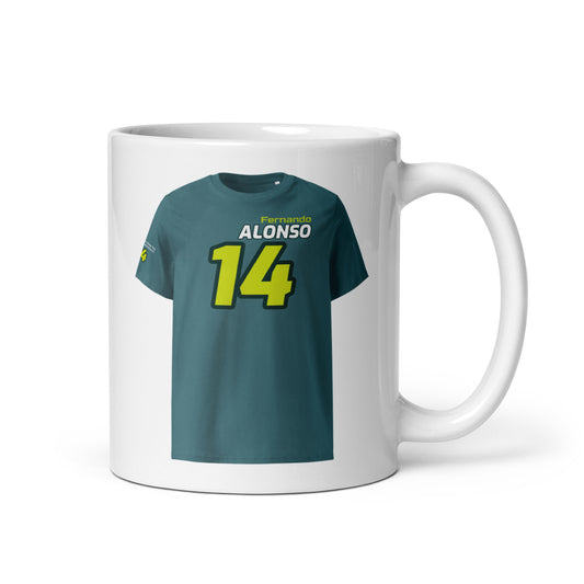 A white ceramic TeeMug© featuring a teal and yellow design with "Fernando ALONSO" in bold letters and the number "14". The mug is held by a handle on the right side.