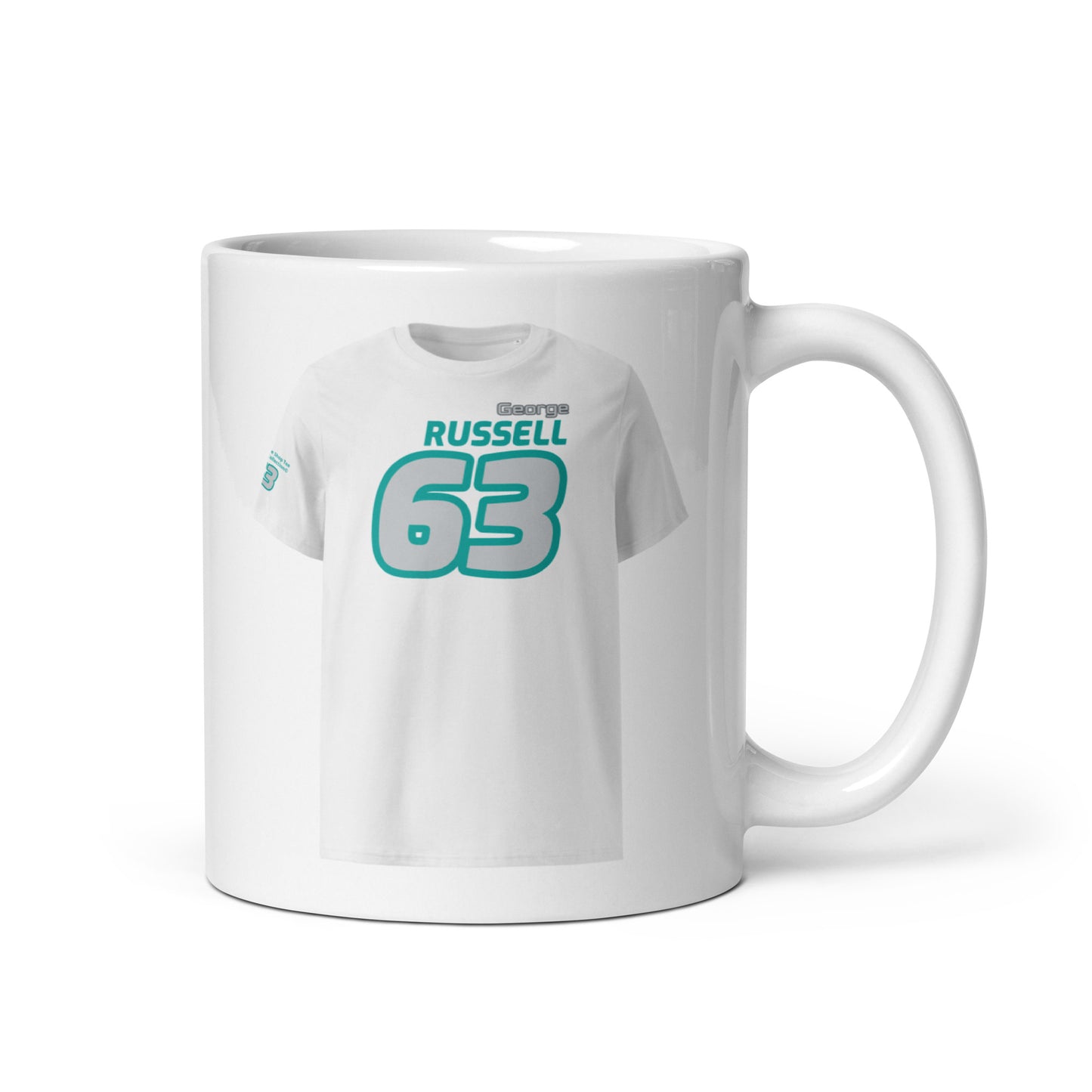 A white ceramic TeeMug© featuring a teal and black design with "George RUSSELL" in bold letters and the number "63". The mug is held by a handle on the right side.