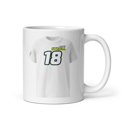 A white ceramic TeeMug© featuring a green and yellow design with "Lance STROLL" in bold letters and the number "18". The mug is held by a handle on the right side.