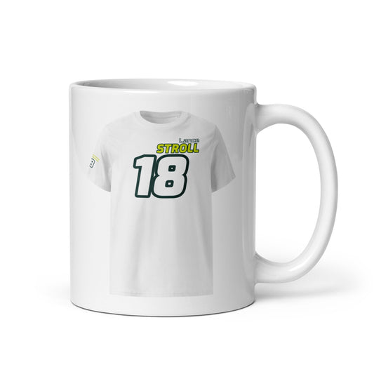 A white ceramic TeeMug© featuring a green and yellow design with "Lance STROLL" in bold letters and the number "18". The mug is held by a handle on the right side.