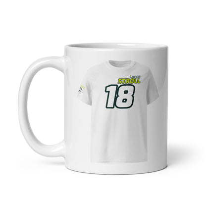 A white ceramic TeeMug© featuring a green and yellow design with "Lance STROLL" in bold letters and the number "18". The mug is held by a handle on the left side.