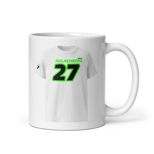 A white ceramic TeeMug© featuring a green and black design with "Nico HULKENBERG" in bold letters and the number "27". The mug is shown with the handle on the right side.