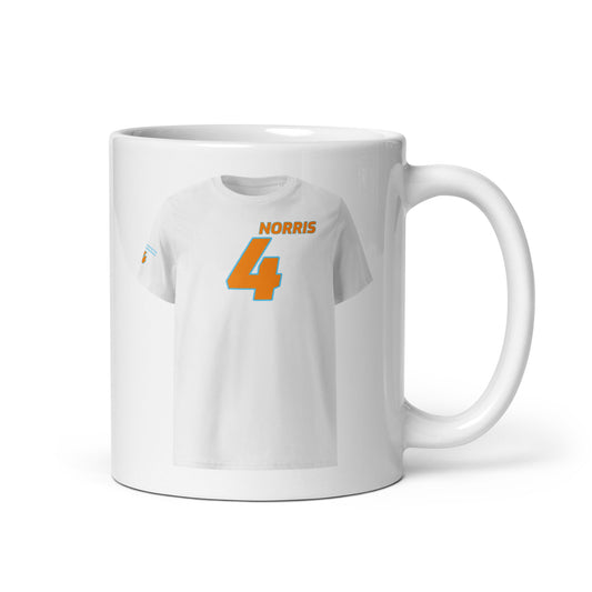 A white ceramic TeeMug© featuring an papaya and blue design with "NORRIS" in bold letters and the number "4". The mug is held by a handle on the right side.