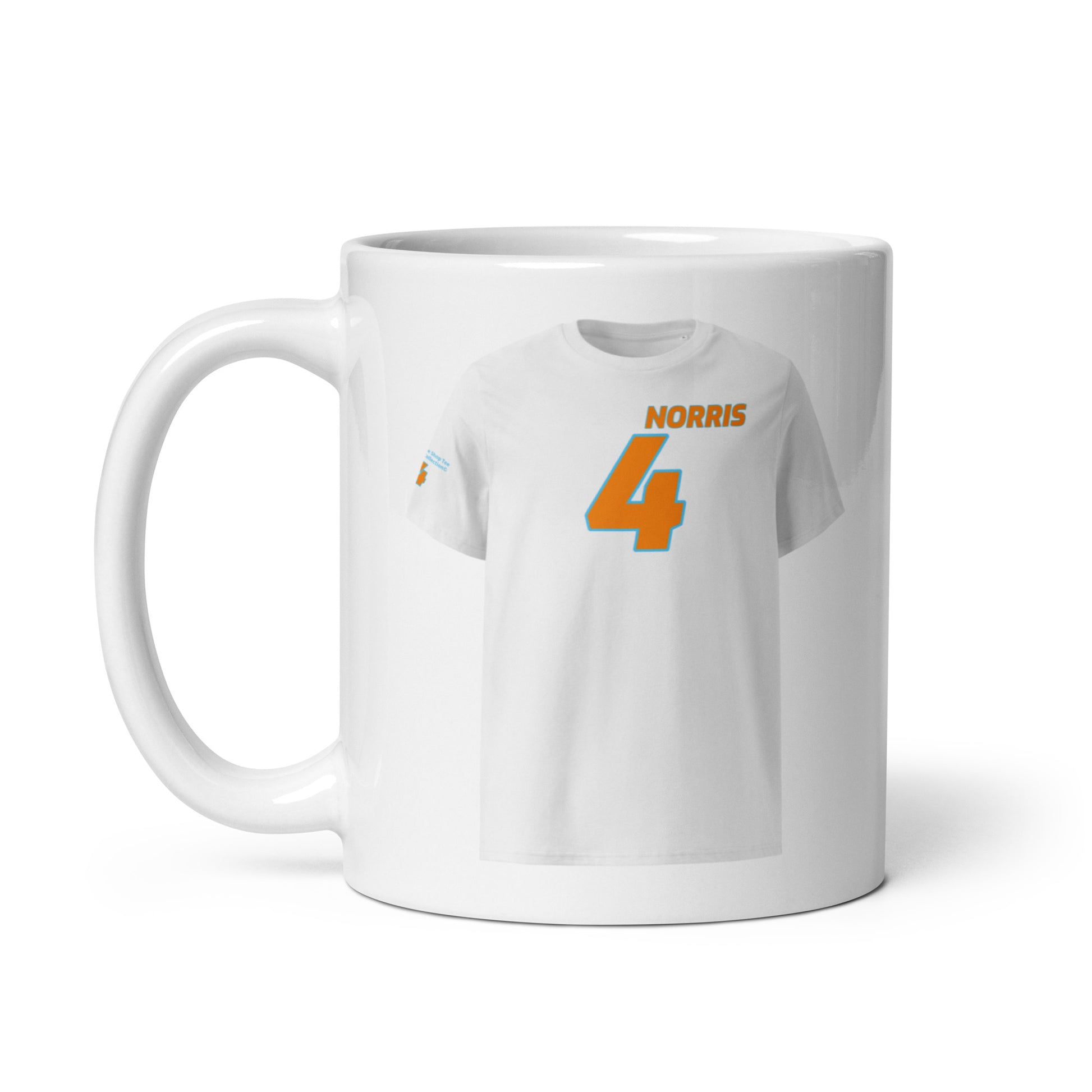A white ceramic TeeMug© featuring an orange and blue design with "NORRIS" in bold letters and the number "4". The mug is held by a handle on the left side.