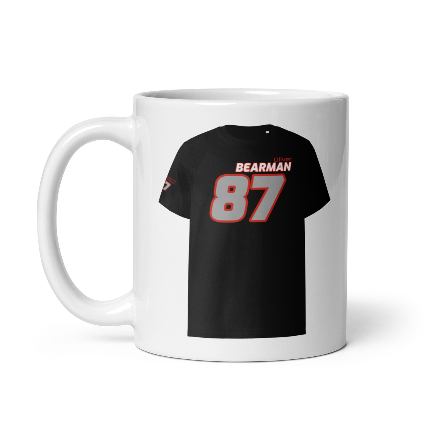 A white ceramic TeeMug© featuring a white and red design with "BEARMAN" in bold letters and the number "87". The mug is shown with the handle on the left side.