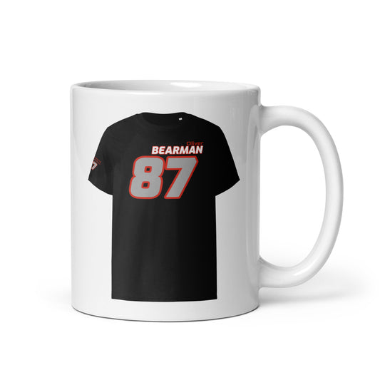 A white ceramic TeeMug© featuring a white and red design with "BEARMAN" in bold letters and the number "87". The mug is shown with the handle on the right side.