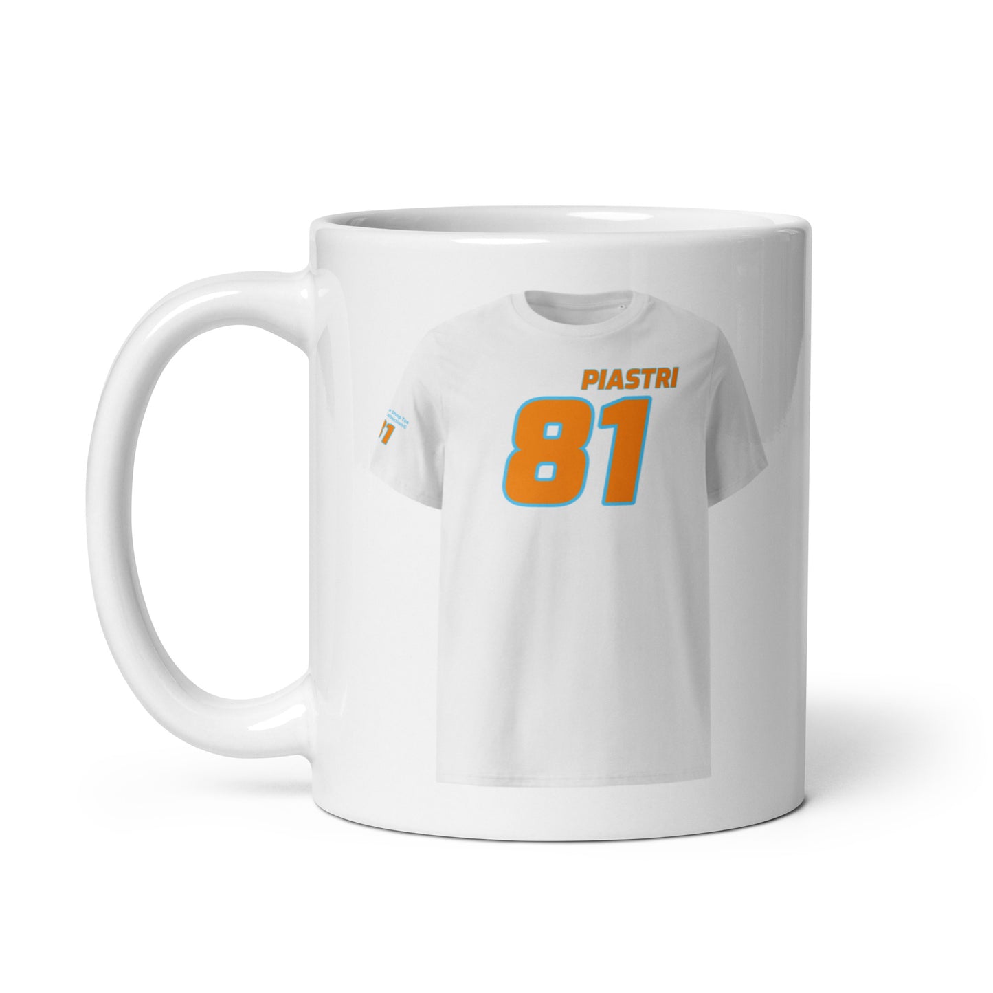 A white ceramic TeeMug© featuring a papaya and Gulf blue design with "Oscar PIASTRI" in bold letters and the number "81". The mug is held by a handle on the left side.