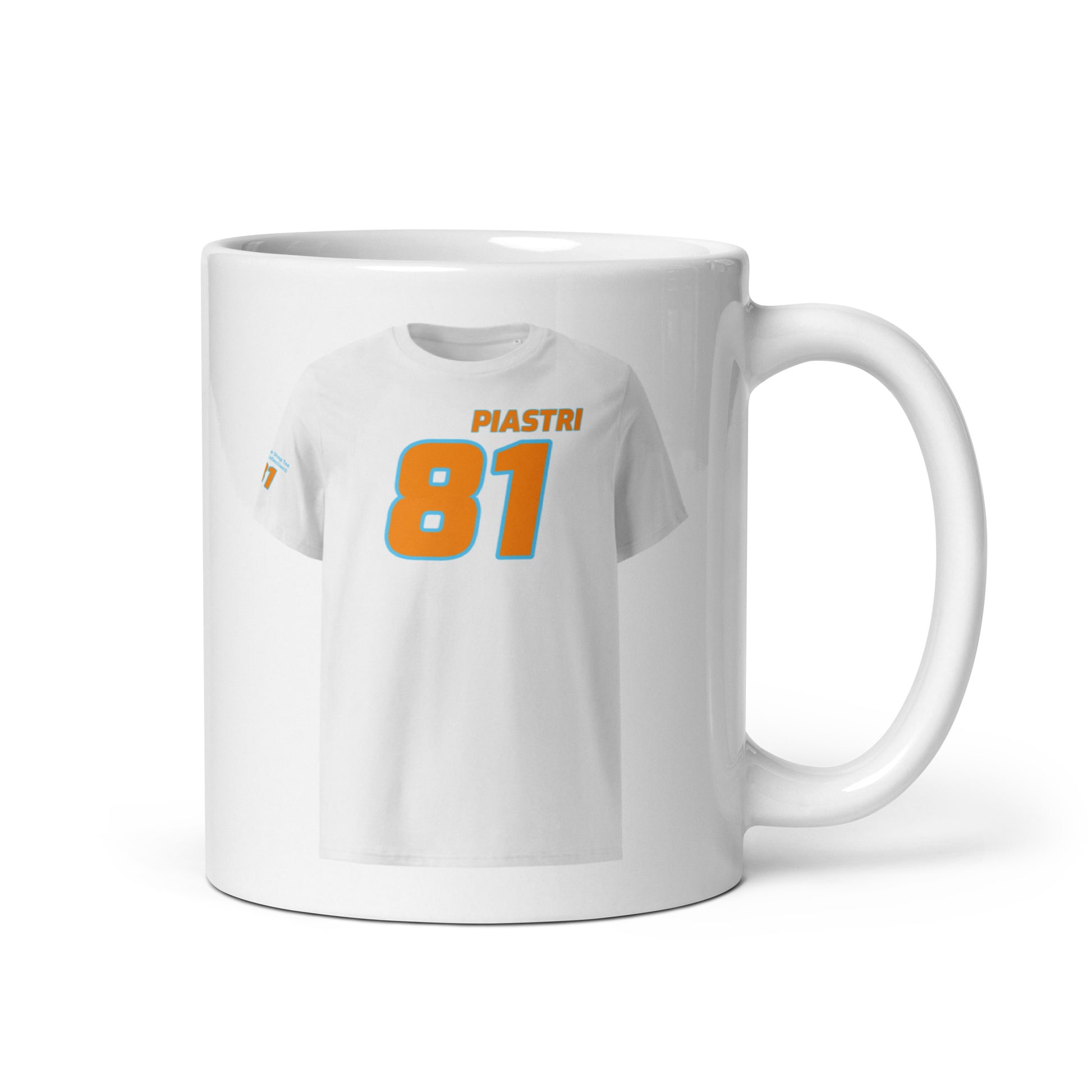 A white ceramic TeeMug© featuring a papaya and Gulf blue design with "Oscar PIASTRI" in bold letters and the number "81". The mug is held by a handle on the right side.