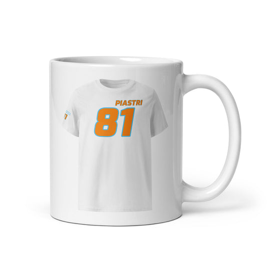A white ceramic TeeMug© featuring a papaya and Gulf blue design with "Oscar PIASTRI" in bold letters and the number "81". The mug is held by a handle on the right side.