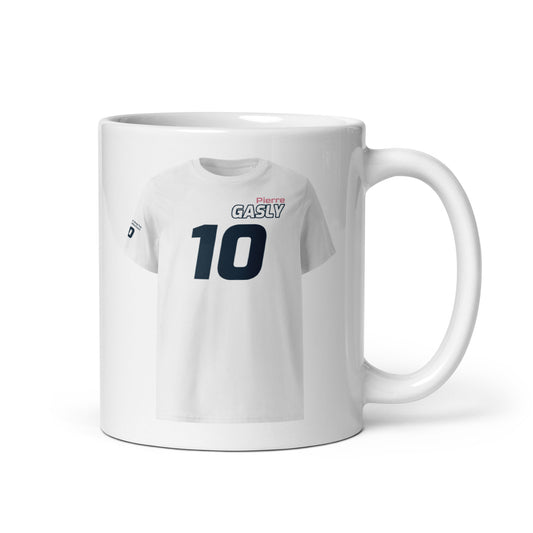 A white ceramic TeeMug© featuring a red and dark blue design with "Pierre GASLY" in bold letters and the number "10". The mug is held by a handle on the right side.