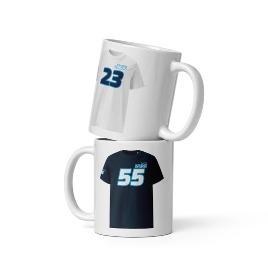 The Teemug© featuring Williams Racing drivers Alex Albon and Carlos Sainz. The mug showcases their names and numbers in bold colours, with Albon's white and blue design and Sainz's black and blue design. Perfect for motorsport fans and collectors.