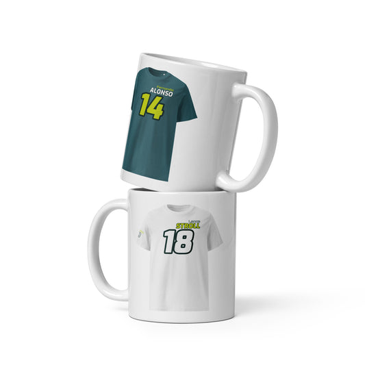 The Teemug© featuring Aston Martin drivers Fernando Alonso and Lance Stroll. The mug showcases their names and numbers in striking colours, with Alonso's green and white design and Stroll's white and green design. Perfect for motorsport fans and collectors.