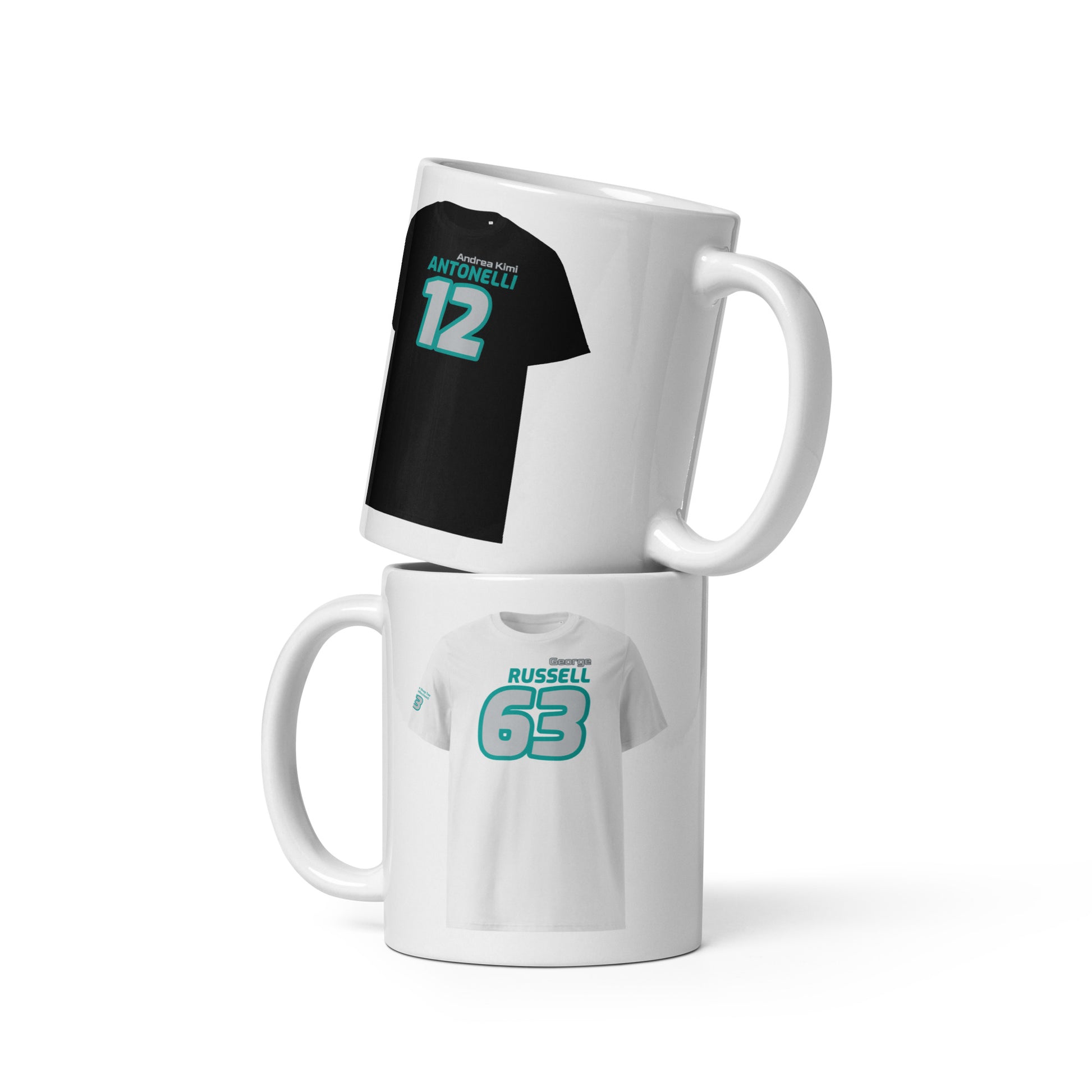 The Teemug© featuring rising star Andrea Kimi Antonelli and Formula 1 driver George Russell. The mug showcases their names and numbers in bold colours, with Antonelli's black and turquoise design and Russell's white and turquoise design. Perfect for motorsport fans and collectors.