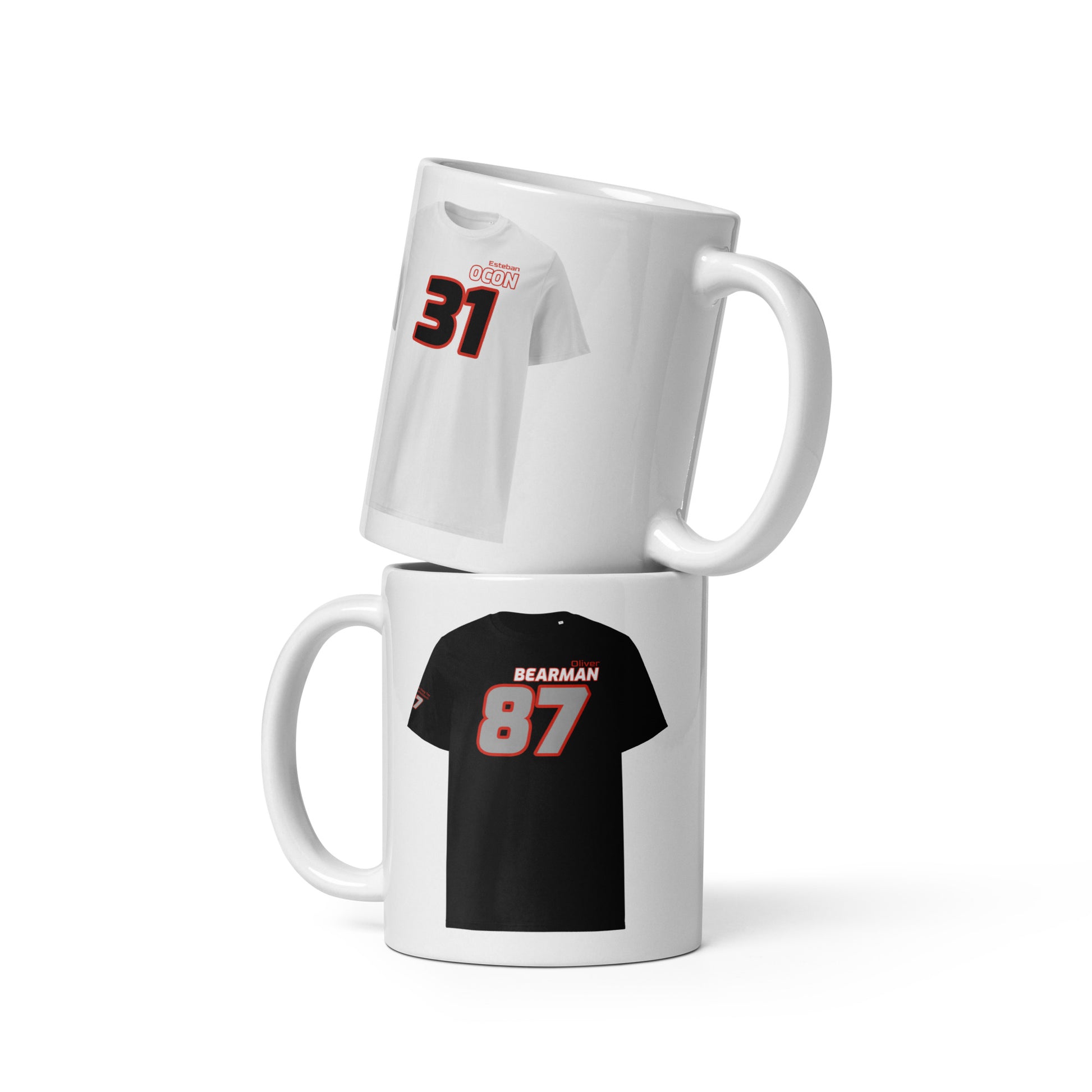 The Teemug© featuring Haas drivers Oliver Bearman and Esteban Ocon. The mug showcases their names and numbers in bold colours, with Bearman's black and white design and Ocon's white and black design. Perfect for motorsport fans and collectors.