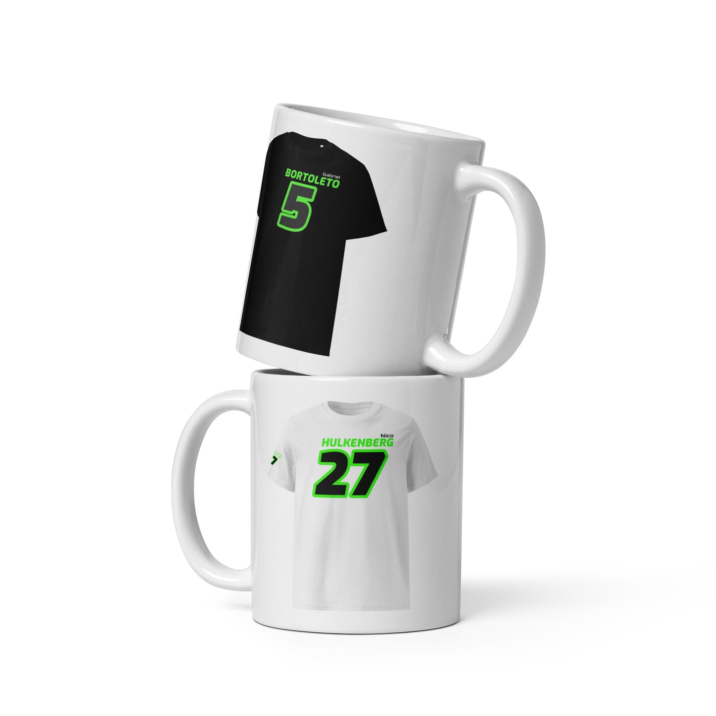 The Teemug© featuring Stake F1 Team KICK Sauber drivers Gabriel Bortoleto and Nico Hülkenberg. The mug showcases their names and numbers in bold colours, with Bortoleto's black and green design and Hülkenberg's white and green design. Perfect for motorsport fans and collectors.