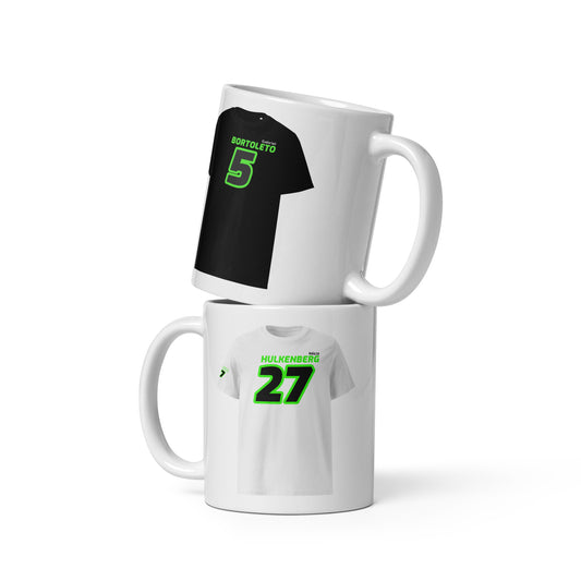The Teemug© featuring Stake F1 Team KICK Sauber drivers Gabriel Bortoleto and Nico Hülkenberg. The mug showcases their names and numbers in bold colours, with Bortoleto's black and green design and Hülkenberg's white and green design. Perfect for motorsport fans and collectors.