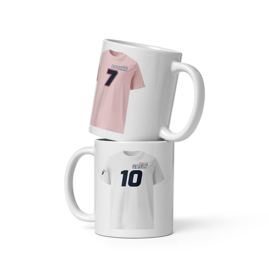 The Teemug© featuring the talented Jack Doohan and Formula 1 driver Pierre Gasly. The mug showcases their names and numbers in vibrant colours, with Doohan's pink and white design and Gasly's white and pink design. Perfect for motorsport fans and collectors.