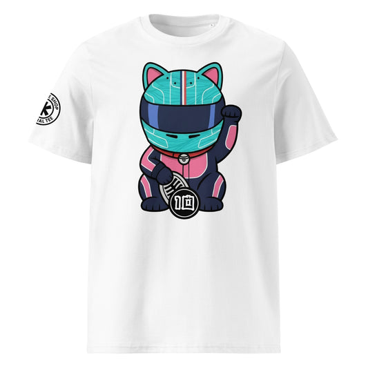 White t-shirt with a large front print lucky cat racer in pink/blue holding a #10 lucky coin perfect for #10 fans and French flair energy.