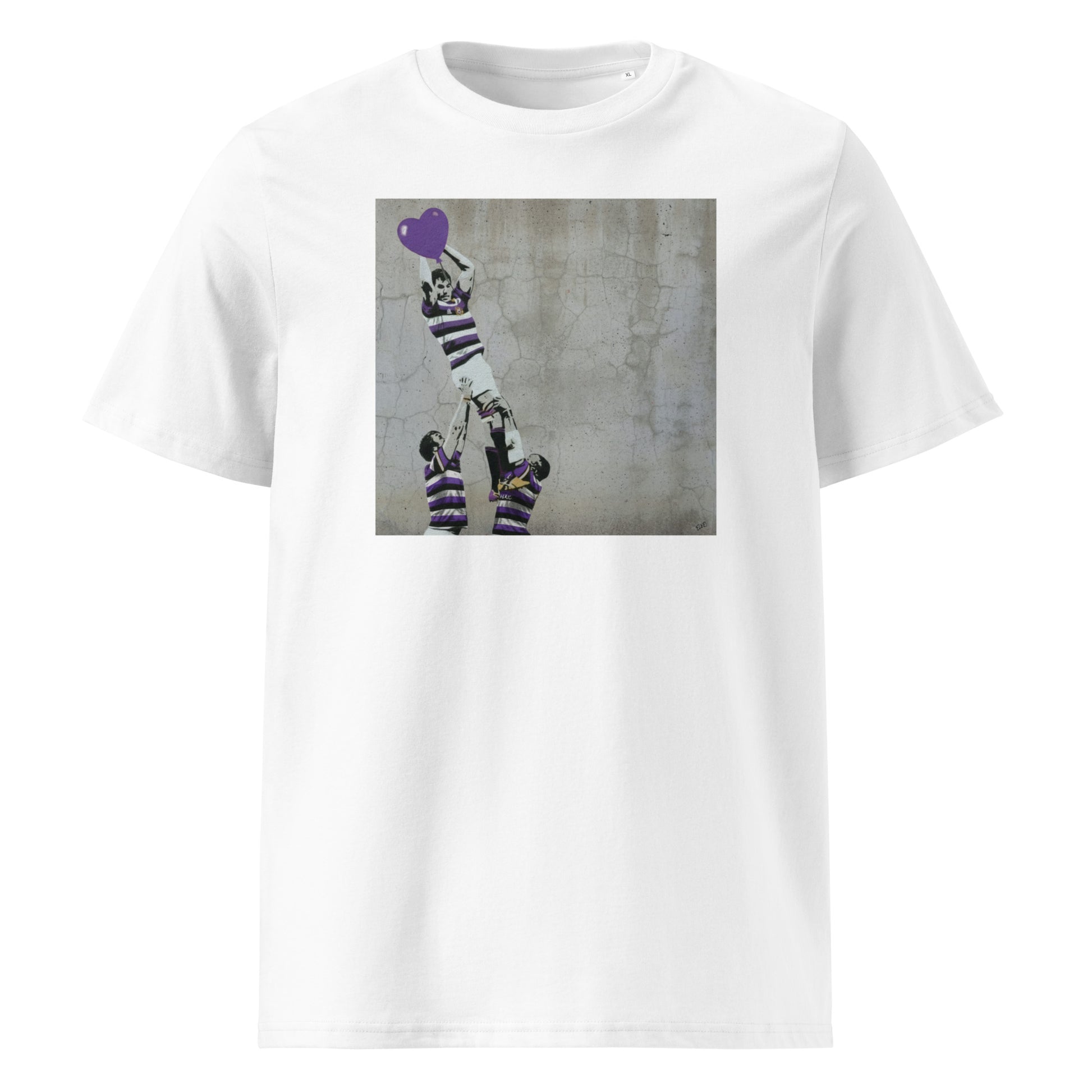 White unisex organic cotton t‑shirt with street-art style print of a Terenure College RFC rugby lineout, with a lifted jumper catching a purple heart above two lifters.
