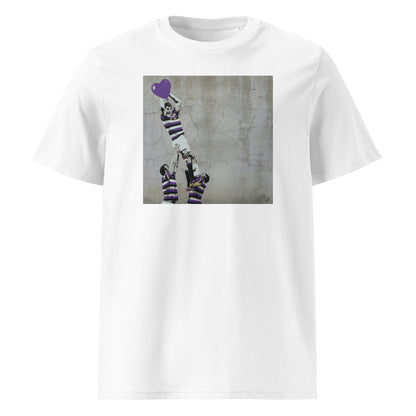 White unisex organic cotton t‑shirt with street-art style print of a Terenure College RFC rugby lineout, with a lifted jumper catching a purple heart above two lifters.
