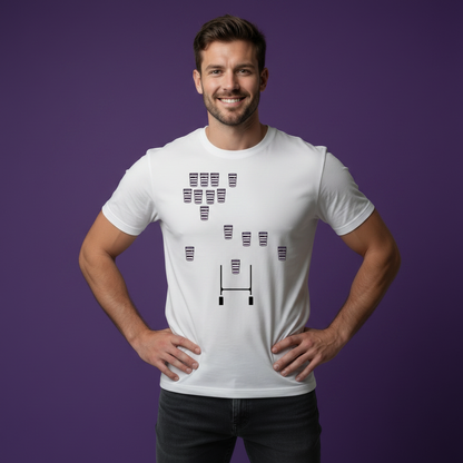 Unique Terenure rugby t-shirt featuring 15 pint glasses in rugby formation