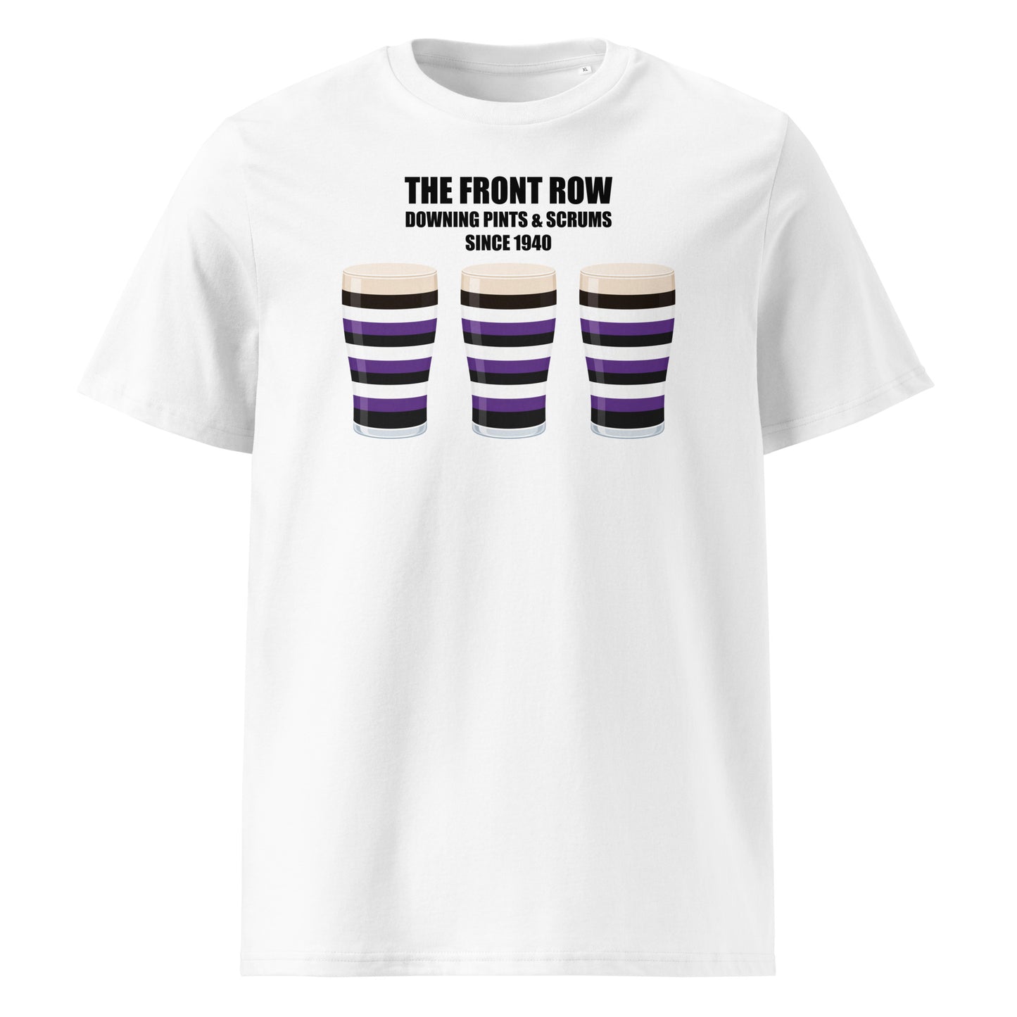 Front view of a white unisex organic cotton Terenure rugby t-shirt reading “The Front Row - Downing Pints & Scrums Since 1940” with three purple, black and white pint graphics for Leinster schools supporters