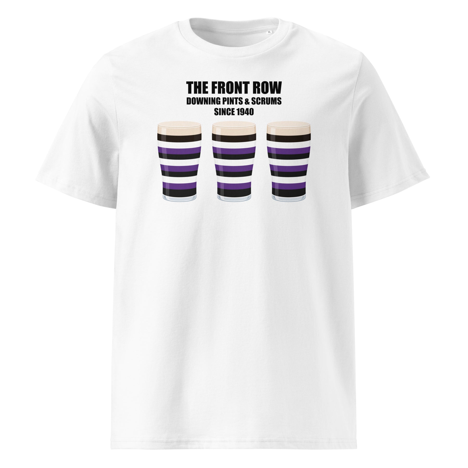 Front view of a white unisex organic cotton Terenure rugby t-shirt reading “The Front Row - Downing Pints & Scrums Since 1940” with three purple, black and white pint graphics for Leinster schools supporters