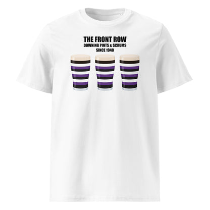 Front view of a white unisex organic cotton Terenure rugby t-shirt reading “The Front Row - Downing Pints & Scrums Since 1940” with three purple, black and white pint graphics for Leinster schools supporters
