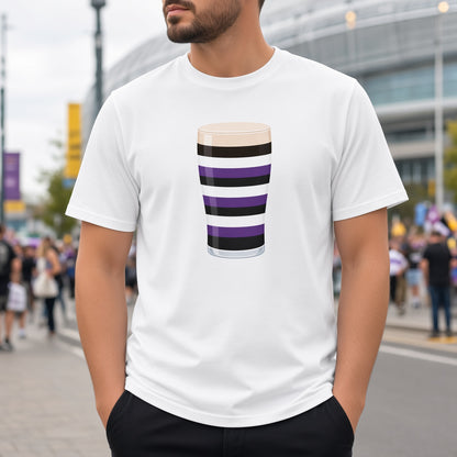Male model wearing a white Terenure Mega Pint rugby t-shirt with a purple, black and white striped pint glass graphic, photographed in a busy Leinster match day crowd setting.