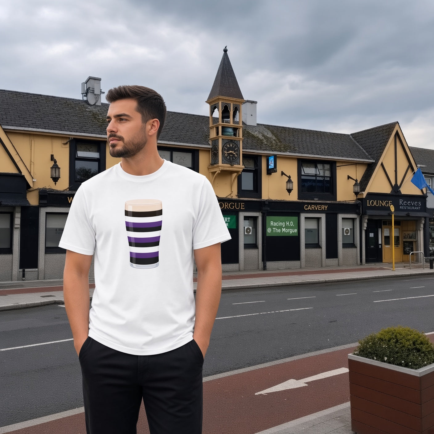 Male model wearing a white Terenure Mega Pint rugby t-shirt with a purple, black and white striped pint glass graphic, photographed outdoors on a Templeogue street scene