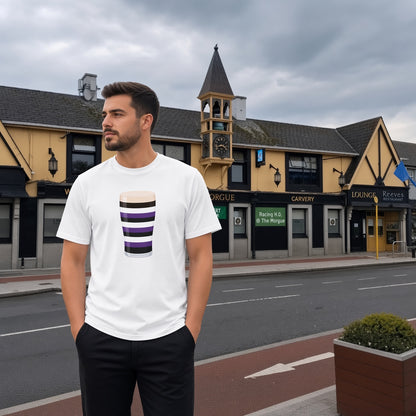 Male model wearing a white Terenure Mega Pint rugby t-shirt with a purple, black and white striped pint glass graphic, photographed outdoors on a Templeogue street scene